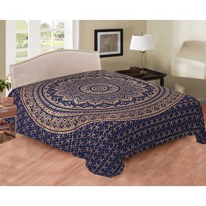 2 persoons bedsprei - Dunne sprei - blauw/goud - mandala - katoen - 200x210