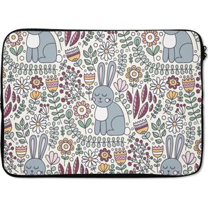 Laptophoes 13 inch - Konijn - Bloemen - regenboog - Kinderen - Design - Laptop sleeve - Binnenmaat 32x22,5 cm - Zwarte achterkant