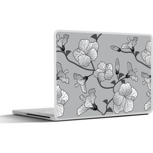 Laptop sticker - 10.1 inch - Hibiscus - Grijs - Tropisch - Patroon - 25x18cm - Laptopstickers - Laptop skin - Cover