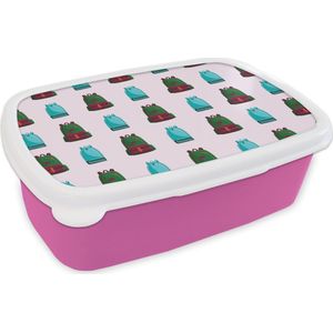 Broodtrommel Roze - Lunchbox - Brooddoos - Rugzak - Patronen - Retro - Pastel - 18x12x6 cm - Kinderen - Meisje