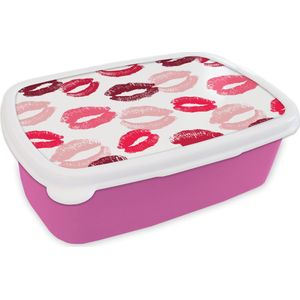 Broodtrommel Roze - Lunchbox - Brooddoos - Lippen - Kus - Koppel cadeau - 18x12x6 cm - Kinderen - Meisje
