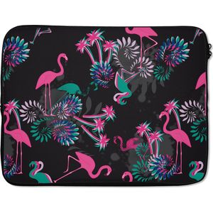 Laptophoes 15.6 inch - Flamingo - Patroon - Roze - Jungle - Laptop sleeve - Binnenmaat 39,5x29,5 cm - Zwarte achterkant