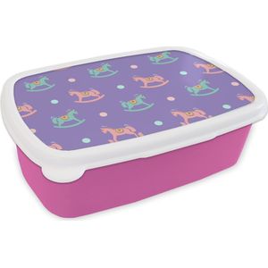 Broodtrommel Roze - Lunchbox - Brooddoos - Hobbelpaard - Patronen - Geboorte - 18x12x6 cm - Kinderen - Meisje