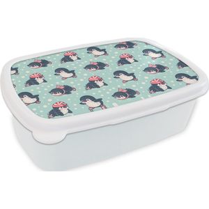 Broodtrommel Wit - Lunchbox - Brooddoos - Pinguïn - Schaatsen - Muts - Kinderen - Patroon - 18x12x6 cm - Volwassenen