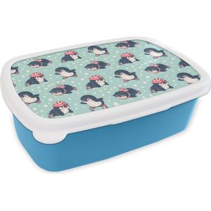 Broodtrommel Blauw - Lunchbox - Brooddoos - Pinguïn - Schaatsen - Muts - Kinderen - Patroon - 18x12x6 cm - Kinderen - Jongen