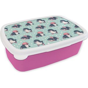 Broodtrommel Roze - Lunchbox - Brooddoos - Pinguïn - Schaatsen - Muts - Kinderen - Patroon - 18x12x6 cm - Kinderen - Meisje