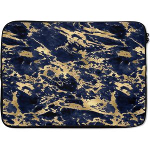 Laptophoes 14 inch - Blauw - Goud - Marmer print - Patroon - Laptop sleeve - Binnenmaat 34x23,5 cm - Zwarte achterkant