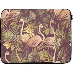 Laptophoes 15.6 inch - Vintage - Flamingo - Bladeren - Jungle - Patroon - Laptop sleeve - Binnenmaat 39,5x29,5 cm - Zwarte achterkant