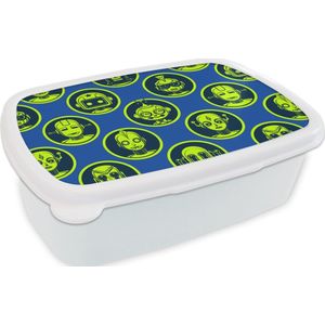 Broodtrommel Wit - Lunchbox - Brooddoos - Patronen - Robot - Geel - Blauw - Jongens - Kinderen - Kids - Jongetje - 18x12x6 cm - Volwassenen