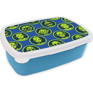 Broodtrommel Blauw - Lunchbox - Brooddoos - Patronen - Robot - Geel - Blauw - Jongens - Kinderen - Kids - Jongetje - 18x12x6 cm - Kinderen - Jongen