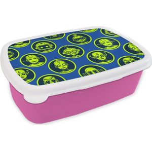 Broodtrommel Roze - Lunchbox - Brooddoos - Patronen - Robot - Geel - Blauw - Jongens - Kinderen - Kids - Jongetje - 18x12x6 cm - Kinderen - Meisje