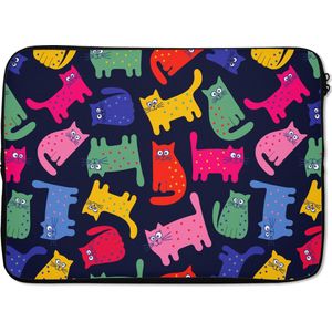 Laptophoes 14 inch - Patronen - Kat - Regenboog - Roze - Meisjes - Kinderen - Kindje - Laptop sleeve - Binnenmaat 34x23,5 cm - Zwarte achterkant