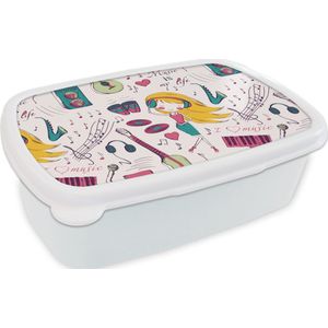 Broodtrommel Wit - Lunchbox - Brooddoos - Meiden - Muziek - Koptelefoon - Patronen - Girl - Roze - Kinderen - Kind - 18x12x6 cm - Volwassenen