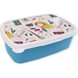 Broodtrommel Blauw - Lunchbox - Brooddoos - Meiden - Muziek - Koptelefoon - Patronen - Girl - Roze - Kinderen - Kind - 18x12x6 cm - Kinderen - Jongen