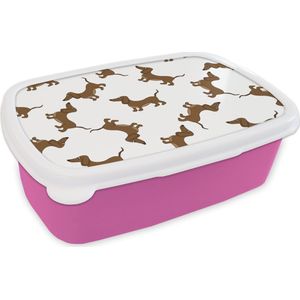 Broodtrommel Roze - Lunchbox - Brooddoos - Patronen - Hond - Teckel - Jongens - Meisjes - Kinderen - Kind - 18x12x6 cm - Kinderen - Meisje