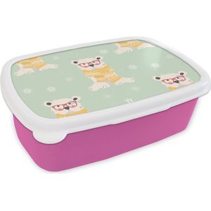 Broodtrommel Roze - Lunchbox - Brooddoos - IJsbeer - Patroon - Sjaal - 18x12x6 cm - Kinderen - Meisje