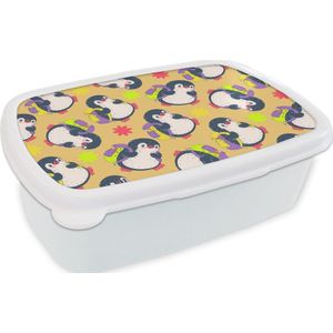 Broodtrommel Wit - Lunchbox - Brooddoos - Rugzak - Pinguïn - Patronen - 18x12x6 cm - Volwassenen