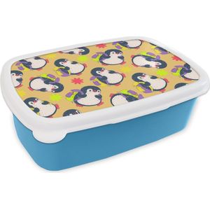 Broodtrommel Blauw - Lunchbox - Brooddoos - Rugzak - Pinguïn - Patronen - 18x12x6 cm - Kinderen - Jongen