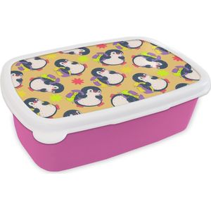 Broodtrommel Roze - Lunchbox - Brooddoos - Rugzak - Pinguïn - Patronen - 18x12x6 cm - Kinderen - Meisje