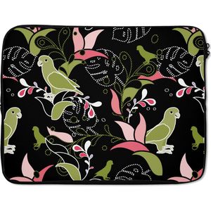 Laptophoes 15.6 inch - Jungle - Vogel - Patronen - Laptop sleeve - Binnenmaat 39,5x29,5 cm - Zwarte achterkant