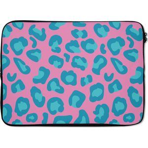 Laptophoes 13 inch - Panterprint - Blauw - Roze - Patronen - Laptop sleeve - Binnenmaat 32x22,5 cm - Zwarte achterkant