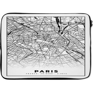 Laptophoes 14 inch - Kaart - Paris - Plattegrond - Parijs - Frankrijk - Stadskaart - Zwart wit - Laptop sleeve - Binnenmaat 34x23,5 cm - Zwarte achterkant