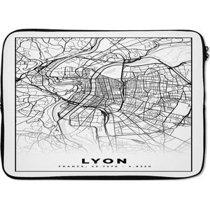 Laptophoes 14 inch - Lyon - Stadskaart - Plattegrond - Kaart - Frankrijk - Zwart wit - Laptop sleeve - Binnenmaat 34x23,5 cm - Zwarte achterkant