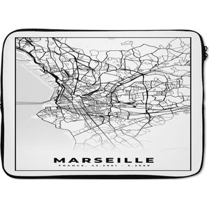 Laptophoes 13 inch - Marseille - Kaart - Stadskaart - Frankrijk - Plattegrond - Zwart wit - Laptop sleeve - Binnenmaat 32x22,5 cm - Zwarte achterkant