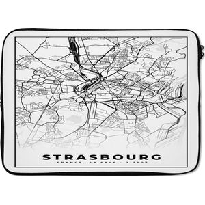 Laptophoes 13 inch - Frankrijk - Kaart - Strasbourg - Plattegrond - Stadskaart - Zwart wit - Laptop sleeve - Binnenmaat 32x22,5 cm - Zwarte achterkant