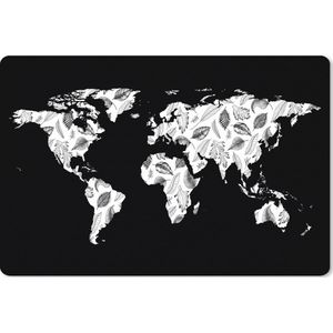 Muismat XXL - Bureau onderlegger - Bureau mat - Wereldkaart - Bladeren - Zwart - Wit - 90x60 cm - XXL muismat