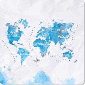 Muismat XXL - Bureau onderlegger - Bureau mat - Waterverf - Wereldkaart - Blauw - 60x60 cm - XXL muismat