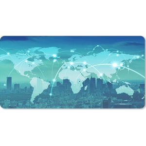 Muismat XXL - Bureau onderlegger - Bureau mat - Wereldkaart - Netwerk - Blauw - 80x40 cm - XXL muismat