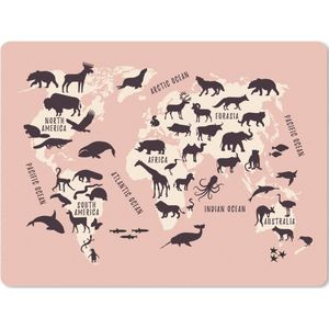 Muismat XXL - Bureau onderlegger - Bureau mat - Wereldkaart - Dieren - Roze - 80x60 cm - XXL muismat