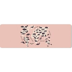 Muismat XXL - Bureau onderlegger - Bureau mat - Wereldkaart - Dieren - Roze - 90x30 cm - XXL muismat