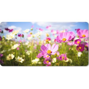 Muismat XXL - Bureau onderlegger - Bureau mat - Bloemen - Wei - Paars - Gras - Wit - Wolken - Blauw - 90x45 cm - XXL muismat
