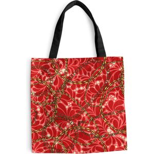 MuchoWow® Schoudertas - Strandtas - Big Shopper - Boodschappentas - Patronen - Goud - Ketting - Rood - 45x45 cm - Katoenen tas