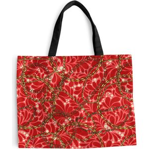 MuchoWow® Schoudertas - Strandtas - Big Shopper - Boodschappentas - Patronen - Goud - Ketting - Rood - 50x40 cm - Katoenen tas