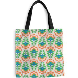 MuchoWow® Schoudertas - Strandtas - Big Shopper - Boodschappentas - Retro - Bloemen - Design - Groen - Oranje - 45x45 cm - Katoenen tas