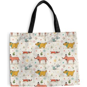 MuchoWow® Schoudertas - Strandtas - Big Shopper - Boodschappentas - Hond - Teckel - Patronen - Bloemen - 50x40 cm - Katoenen tas