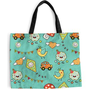 MuchoWow® Schoudertas - Strandtas - Big Shopper - Boodschappentas - Patroon - Kinderen - Auto - Vogel - 50x40 cm - Katoenen tas