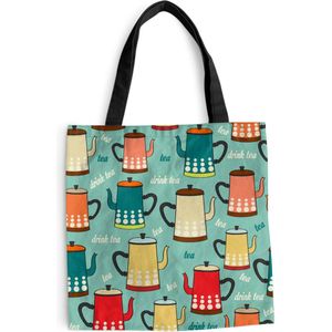 MuchoWow® Schoudertas - Strandtas - Big Shopper - Boodschappentas - Patronen - Thee - Theepot - Vintage - 45x45 cm - Katoenen tas