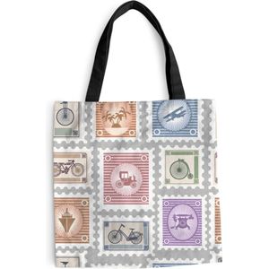 MuchoWow® Schoudertas - Strandtas - Big Shopper - Boodschappentas - Fiets - Postzegel - Patroon - 40x40 cm - Katoenen tas