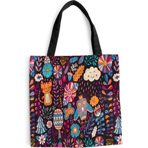 MuchoWow® Schoudertas - Strandtas - Big Shopper - Boodschappentas - Patroon - Uil - Kat - Bloemen - 45x45 cm - Katoenen tas