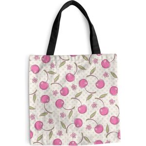 MuchoWow® Schoudertas - Strandtas - Big Shopper - Boodschappentas - Kersen - Bloemen - Stippen - Patronen - 40x40 cm - Katoenen tas