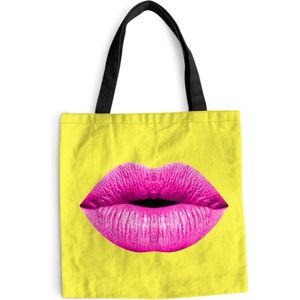 MuchoWow® Schoudertas - Strandtas - Big Shopper - Boodschappentas - Lippen - Roze - Geel - 45x45 cm - Katoenen tas