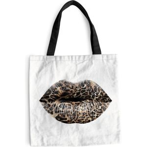 MuchoWow® Schoudertas - Strandtas - Big Shopper - Boodschappentas - Lippen - Tijgerprint - Wit - 40x40 cm - Katoenen tas