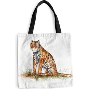 MuchoWow® Schoudertas - Strandtas - Big Shopper - Boodschappentas - Tijger - Gras - Schilderij - 40x40 cm - Katoenen tas