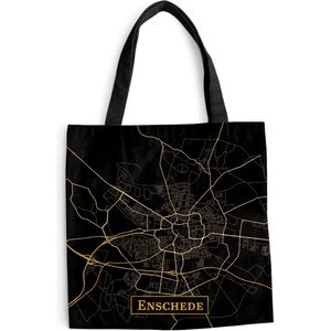 MuchoWow® Schoudertas - Strandtas - Big Shopper - Boodschappentas - Kaart - Enschede - Goud - Zwart - 45x45 cm - Katoenen tas