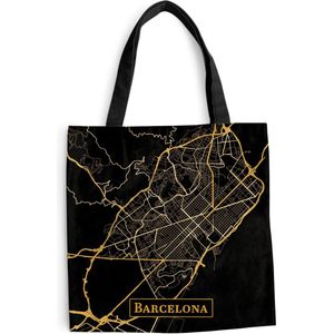 MuchoWow® Schoudertas - Strandtas - Big Shopper - Boodschappentas - Kaart - Barcelona - Zwart - Goud - 45x45 cm - Katoenen tas
