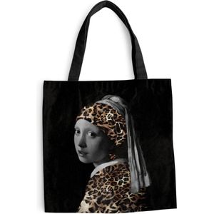MuchoWow® Schoudertas - Strandtas - Big Shopper - Boodschappentas - Meisje met de parel - Panterprint - Johannes Vermeer - 40x40 cm - Katoenen tas